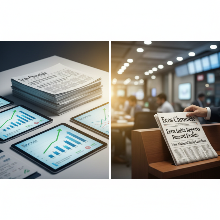 A split image showing financial charts on tablets and a stack of newspapers, and a hand holding a newspaper.