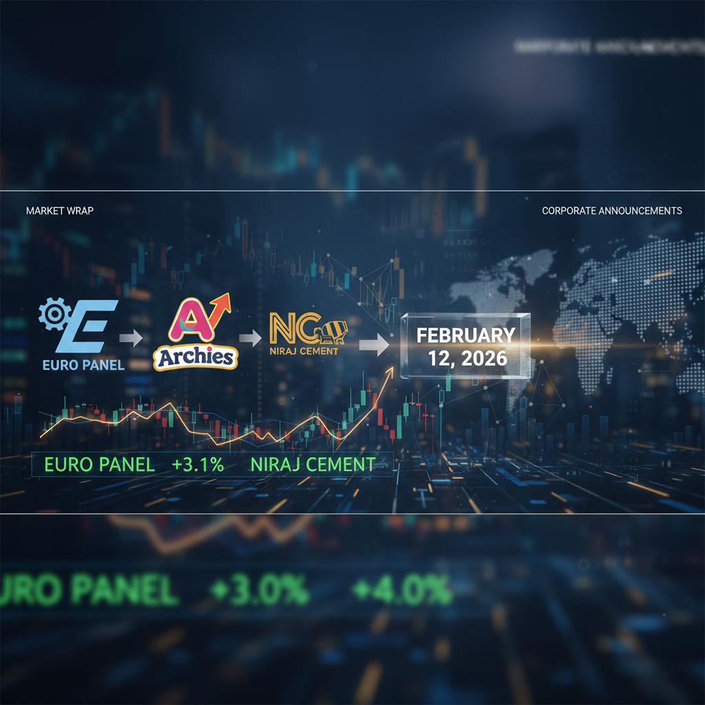 A professional market wrap image showing company logos (Euro Panel, Archies, Niraj Cement), stock charts, and a world map.