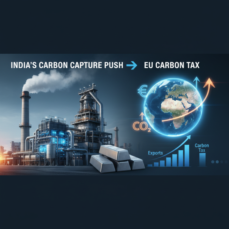 A professional image illustrating India's carbon capture efforts in steel and the impact of EU carbon tax.