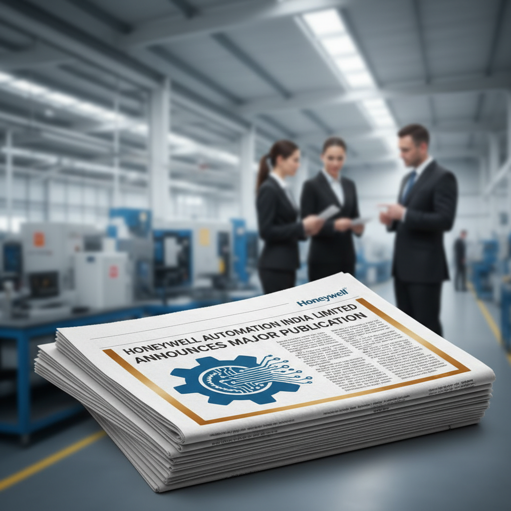 A newspaper with "Honeywell Automation India Limited Announces Major Publication" on a table with people in a factory background.
