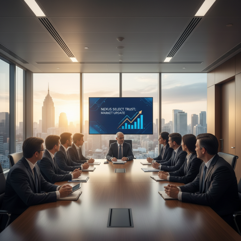 Business professionals in a modern boardroom with city views, looking at a screen displaying a market update graph.