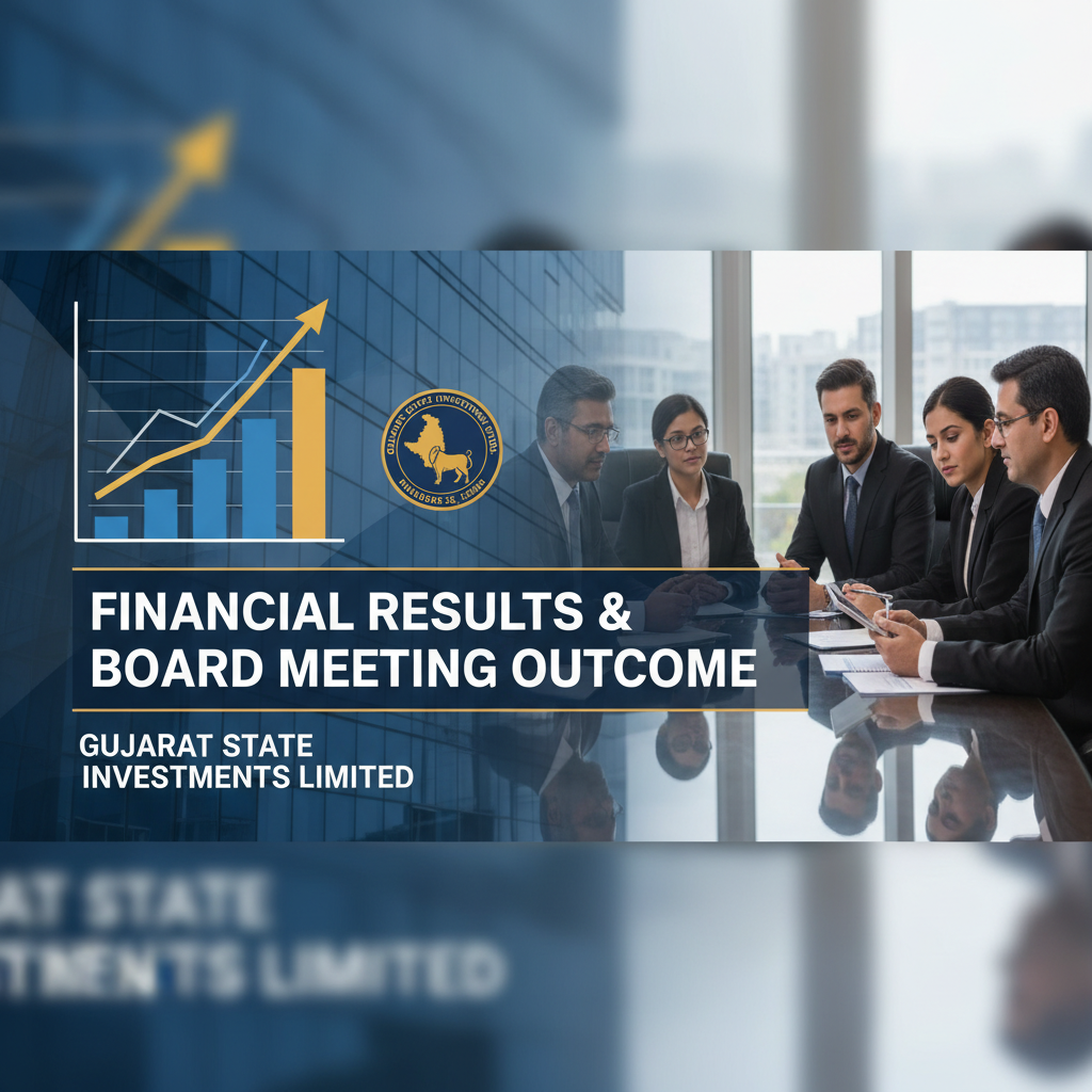 A professional image with text "Financial Results & Board Meeting Outcome" and "Gujarat State Investments Limited."