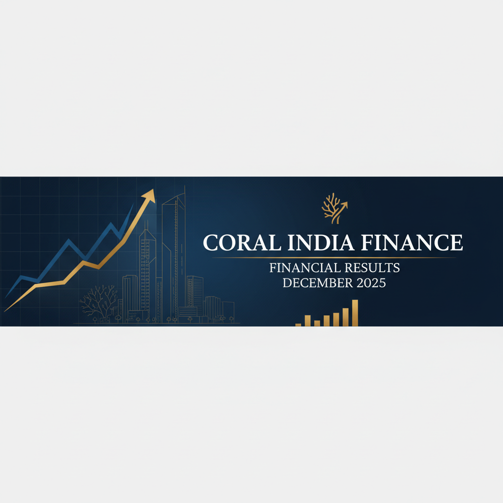 A banner with a rising graph, city skyline, and text "Coral India Finance Financial Results December 2025."