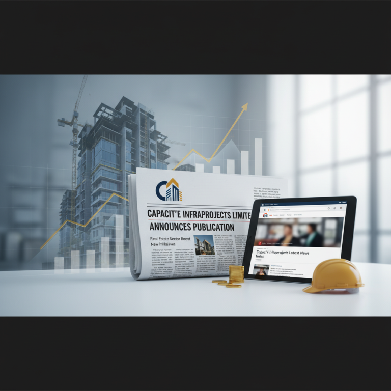Newspaper with "Capacit'e Infraprojects Limited Announces Publication" headline, tablet, coins, and construction helmet.