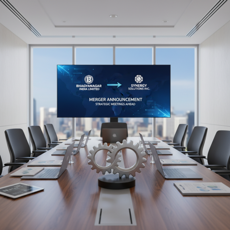 A modern conference room with a large screen displaying a merger announcement between two companies, Bhagyanagar India Limited and Synergy Solutions Inc.