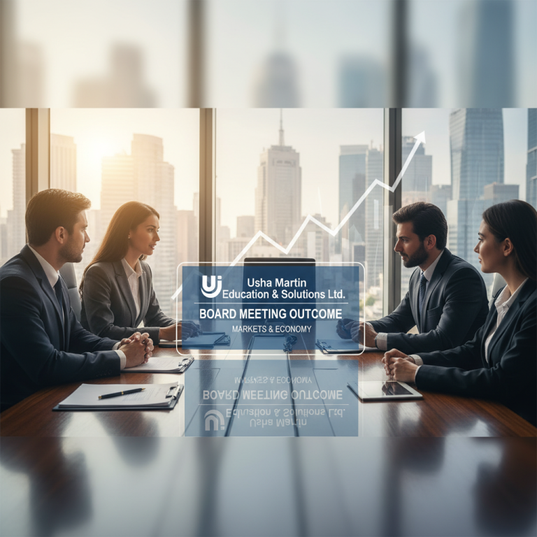 Four professionals in a boardroom meeting with a city skyline and growth graph.