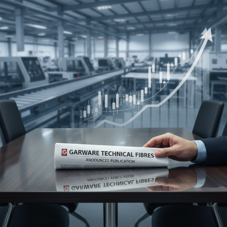 A hand holds a newspaper with "Garware Technical Fibres" headline, overlaid with a rising stock market graph.