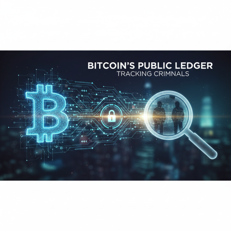 A digital image showing the Bitcoin symbol connected to a magnifying glass revealing silhouettes of two people, suggesting investigation.