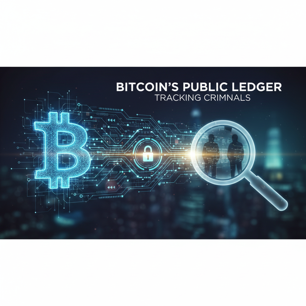 A digital image showing the Bitcoin symbol connected to a magnifying glass revealing silhouettes of two people, suggesting investigation.