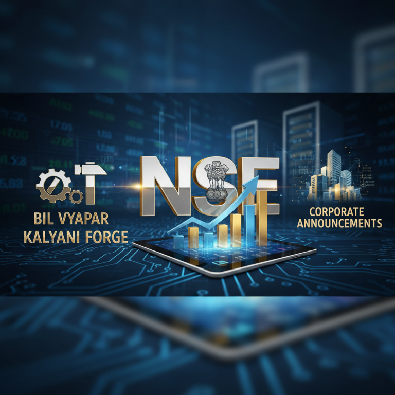 A digital illustration showing the NSE logo, stock market charts, and company names like BIL VYAPAR and Kalyani Forge, symbolizing corporate announcements and market activity.