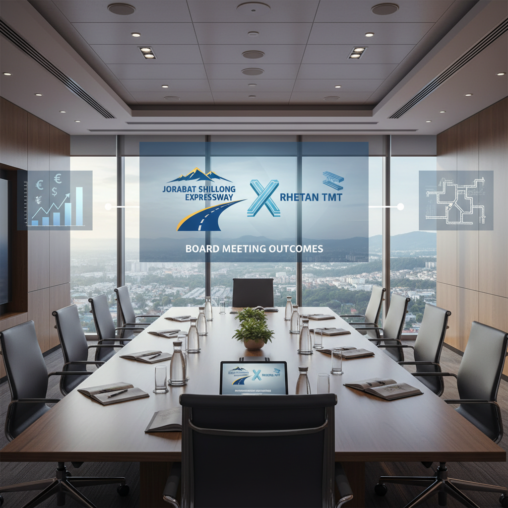 A professional boardroom with a large screen displaying "Board Meeting Outcomes" with logos for Jorabat Shillong Expressway and Rhetan TMT.