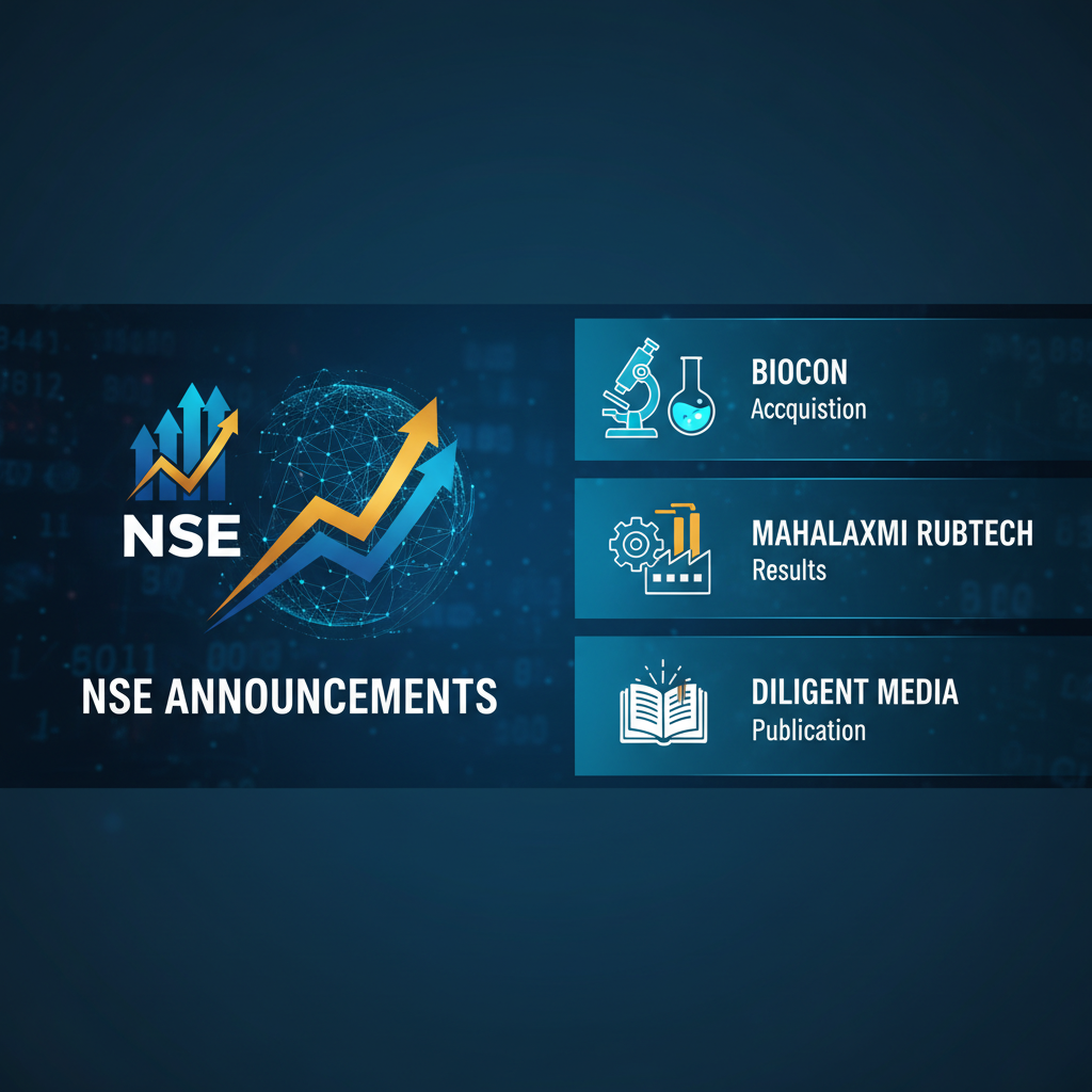 A professional image representing financial news with "NSE Announcements" and icons for Biocon Acquisition, Mahalaxmi Rubtech Results, and Diligent Media Publication.