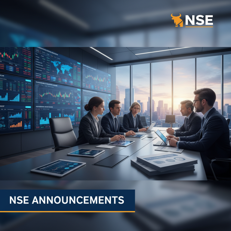 A group of professionals in suits discussing financial data in a modern conference room with large screens displaying charts.