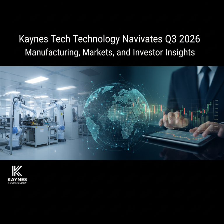 A split image showing robotic manufacturing on the left and a business person analyzing market data on a tablet.