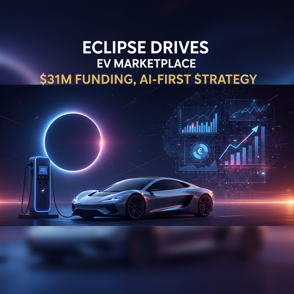 A sleek electric car charging at a station, with a vibrant eclipse and AI-themed graphics in the background.