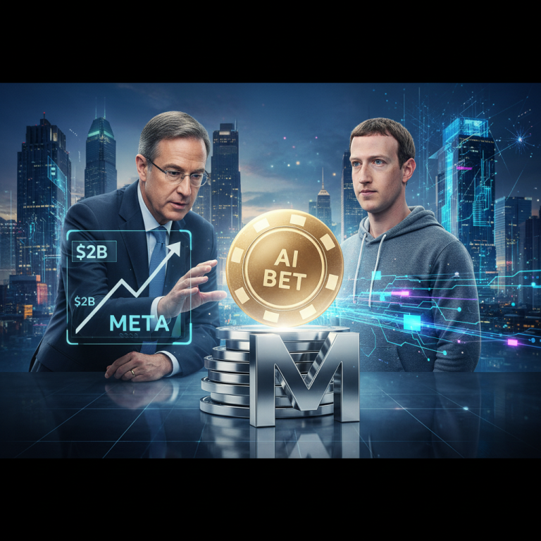 Bill Ackman and Mark Zuckerberg with AI chip, Meta stock graph, and cityscape.