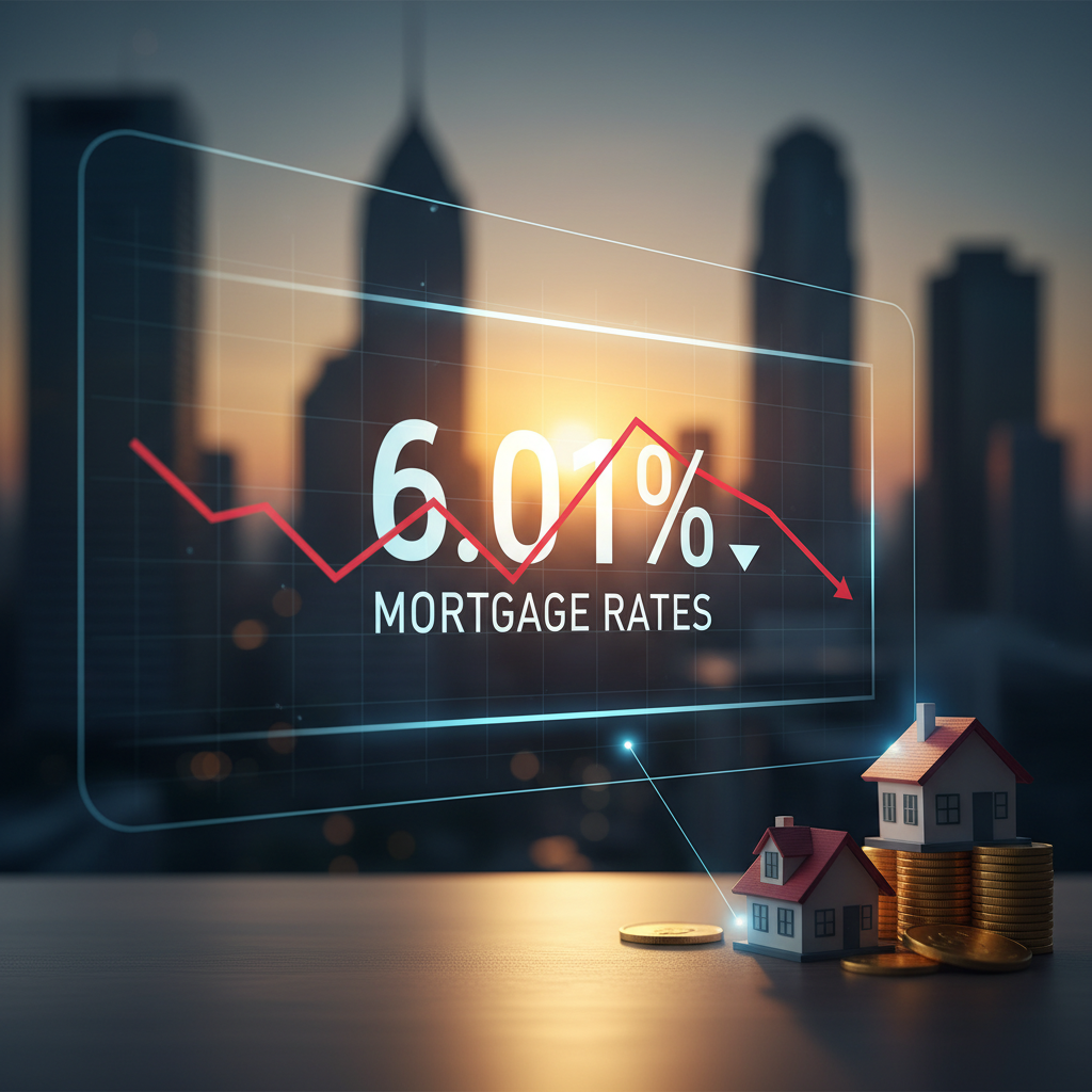 Digital graph showing mortgage rates at 6.01% with a downward trend, alongside miniature houses and stacks of coins.