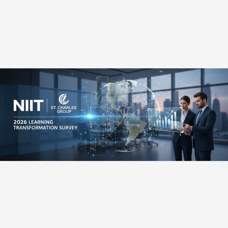 Two professionals review data with a holographic globe and charts, representing a learning transformation survey.