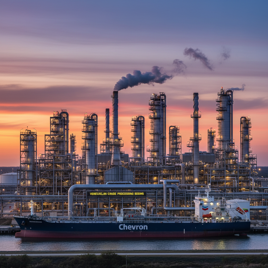 An oil tanker docked at a Chevron refinery with smoke stacks against a colorful sunset sky.