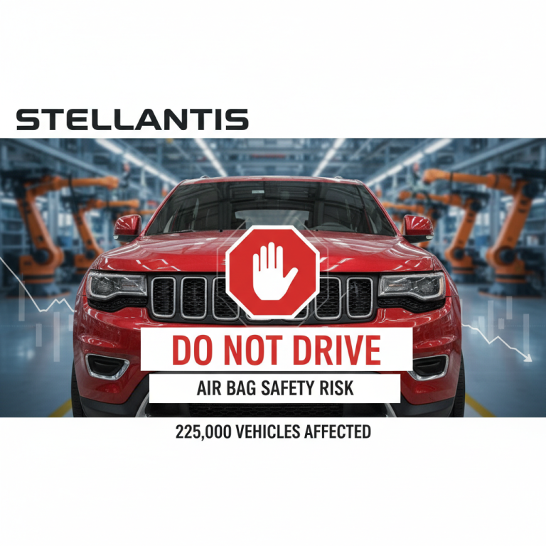 A red SUV with a "DO NOT DRIVE" warning over it, set against a backdrop of a car manufacturing plant.