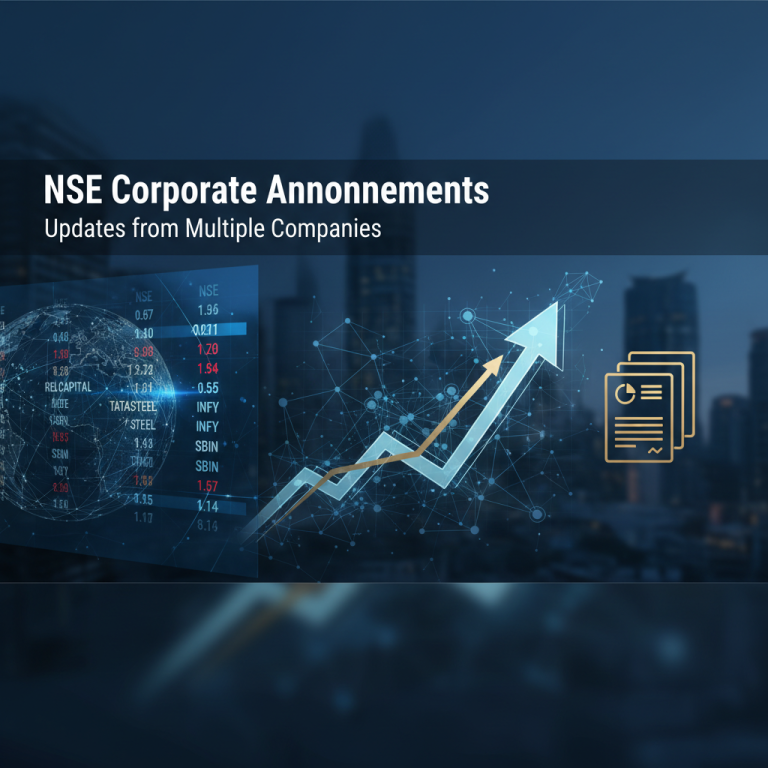 A professional image showing stock market data, an upward arrow, and document icons against a city skyline.