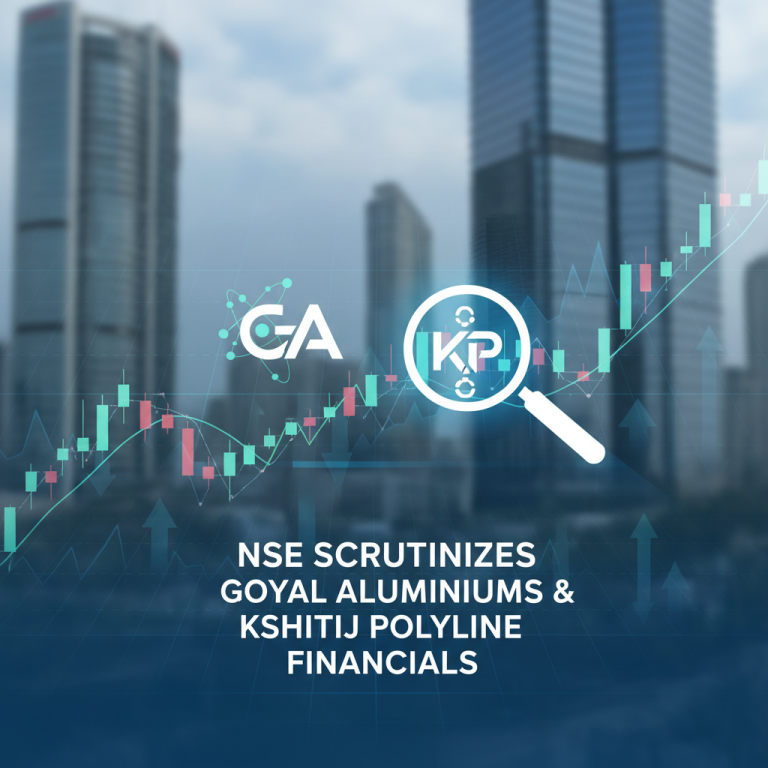 A professional image symbolizing financial scrutiny by the NSE, featuring stock charts and company initials under a magnifying glass.