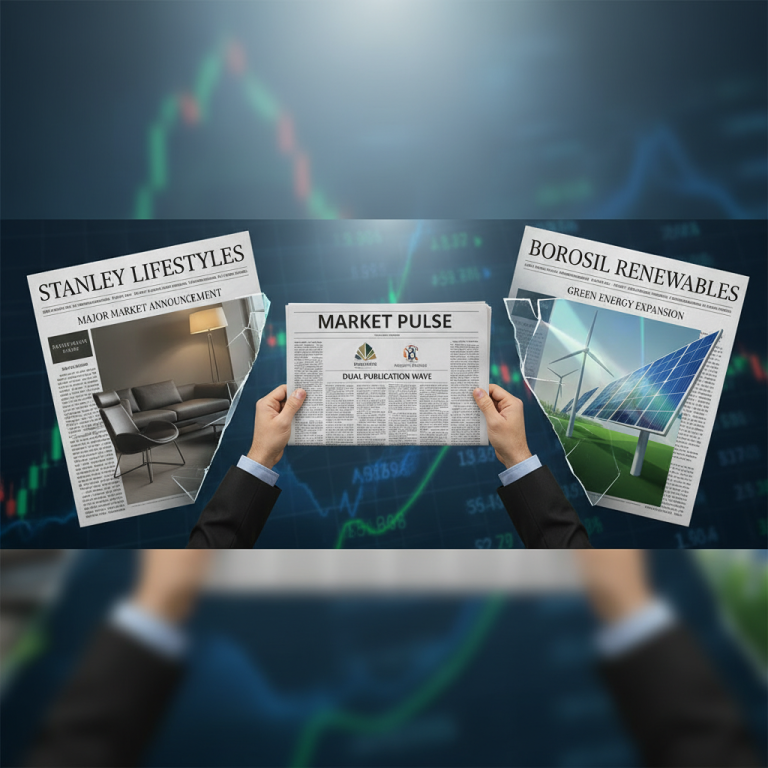 Hands holding newspapers about Stanley Lifestyles and Borosil Renewables over a stock market graph.