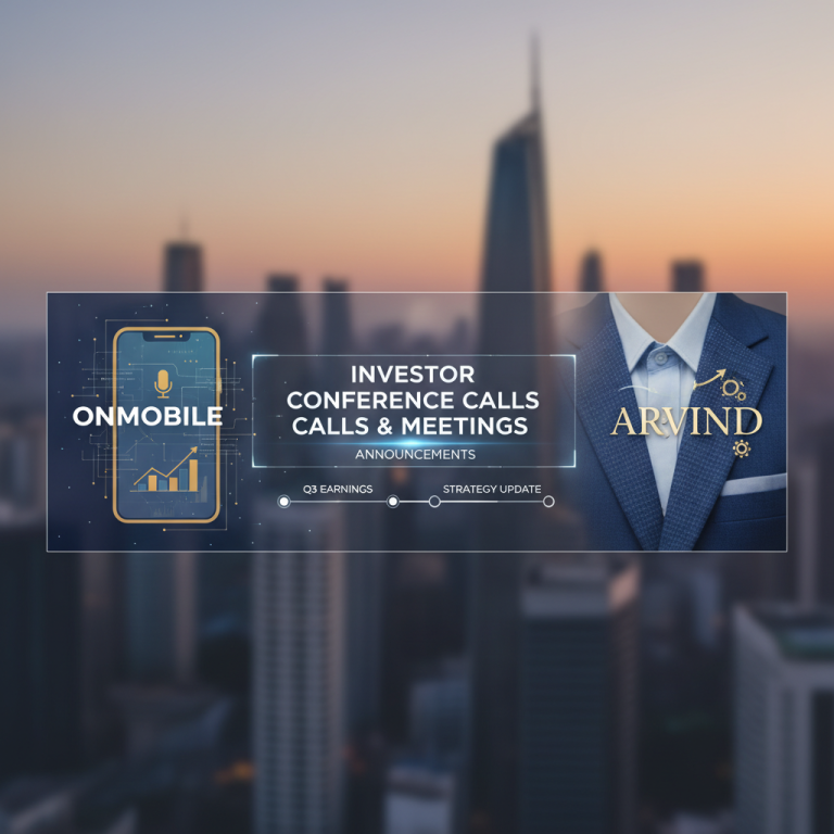 A professional image representing investor conference calls and meetings, with visual elements for OnMobile and Arvind.