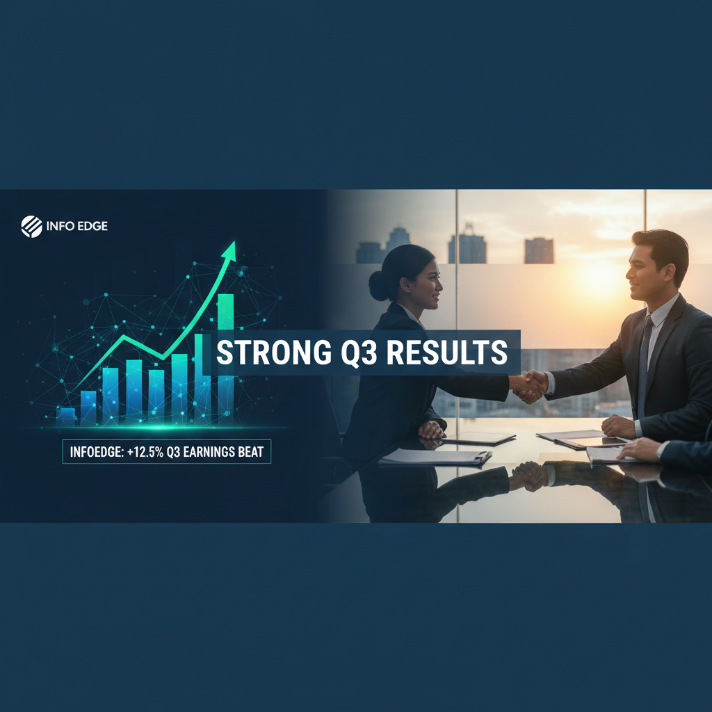 Two professionals shake hands in an office, symbolizing growth. A financial graph with "STRONG Q3 RESULTS" overlays the left.