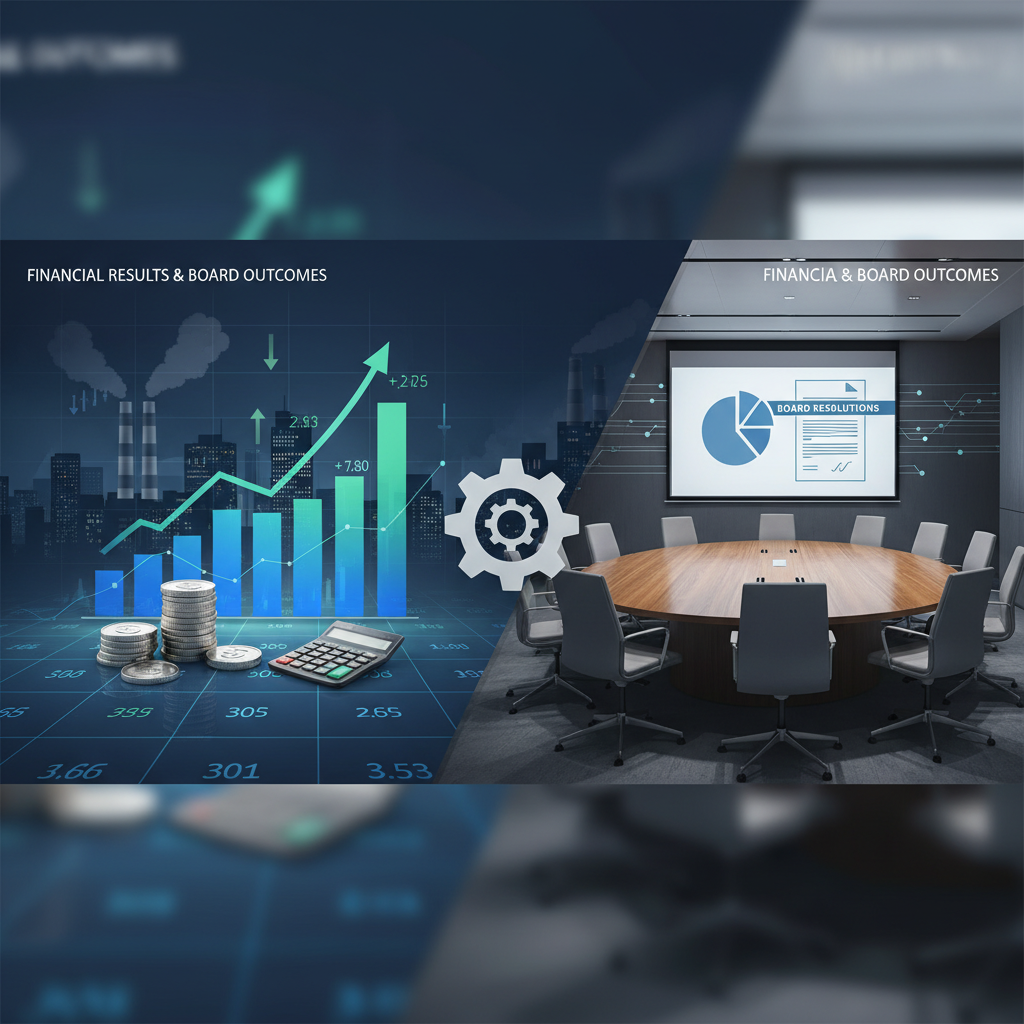 A split image showing financial graphs and a board meeting room with a projector displaying data.