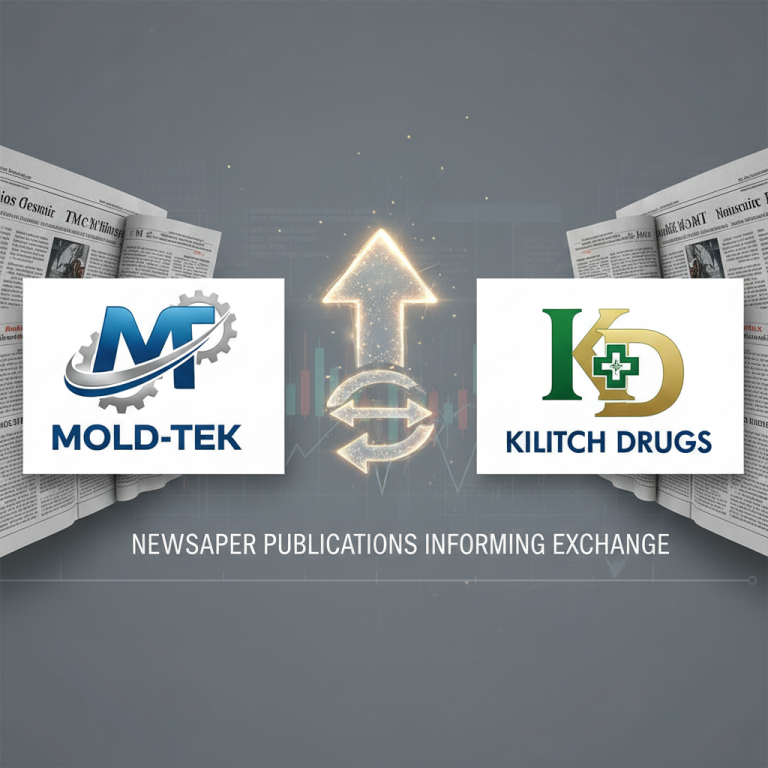 Logos of Mold-Tek and Kilitch Drugs with exchange arrows, newspaper backgrounds, and stock charts.