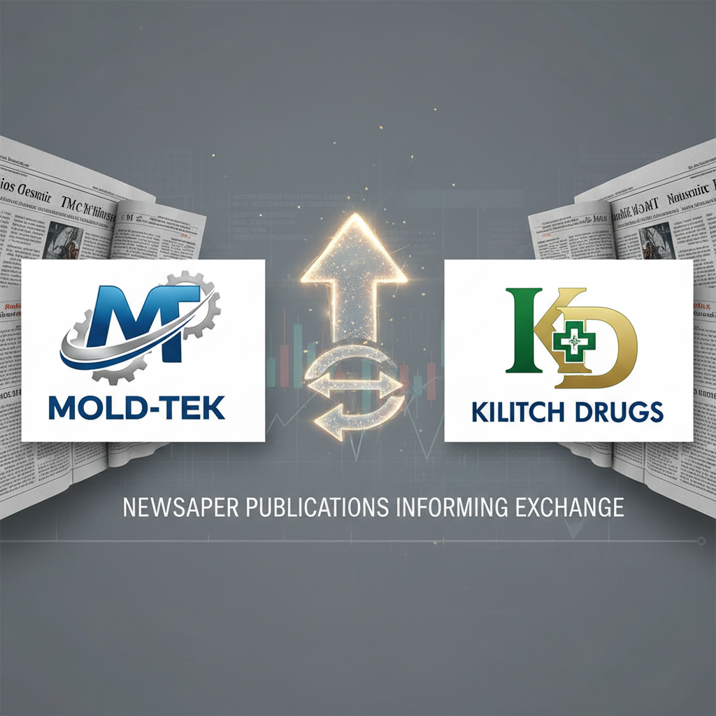 Logos of Mold-Tek and Kilitch Drugs with exchange arrows, newspaper backgrounds, and stock charts.