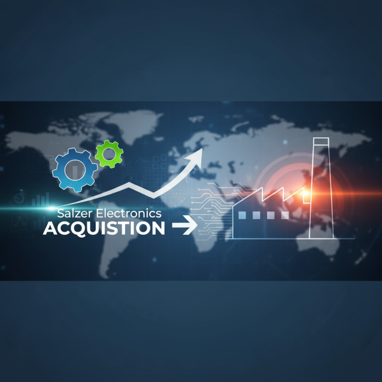 A dynamic graphic representing business growth, acquisition, and manufacturing, with gears, an upward arrow, and a factory icon.