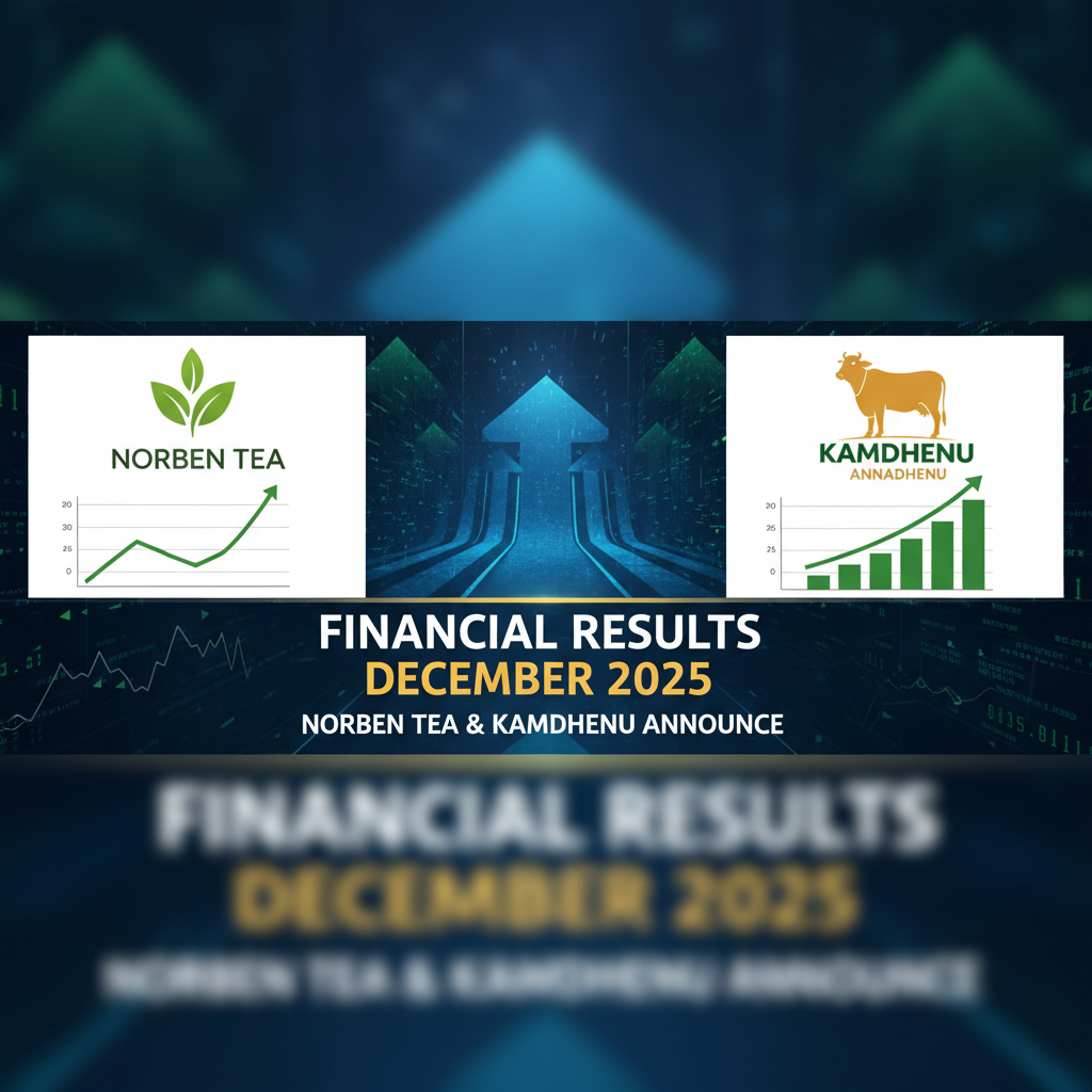 A banner featuring logos for Norben Tea and Kamdhenu Annadhenu, with charts showing financial growth and an upward arrow.