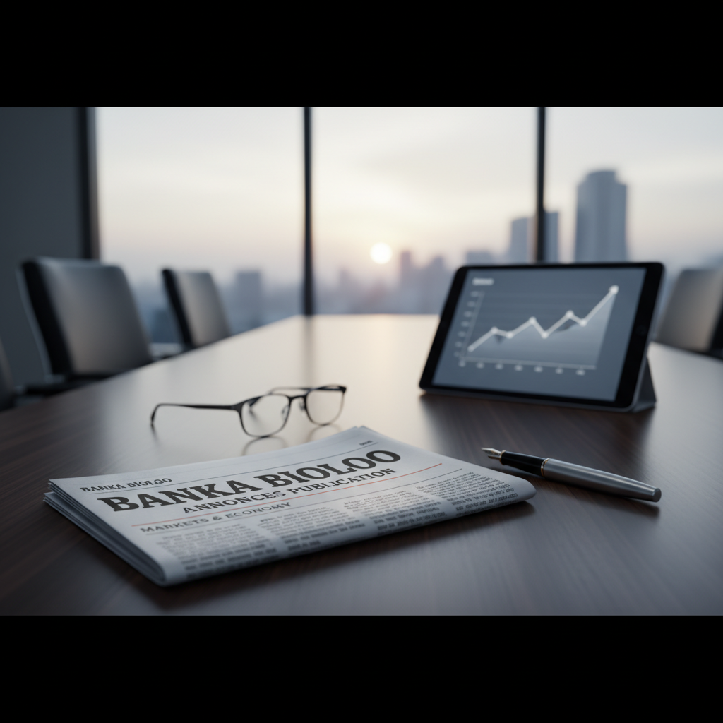 A newspaper with "Banka BioLoo Annonces Publication" headline, glasses, pen, and tablet with a rising graph.