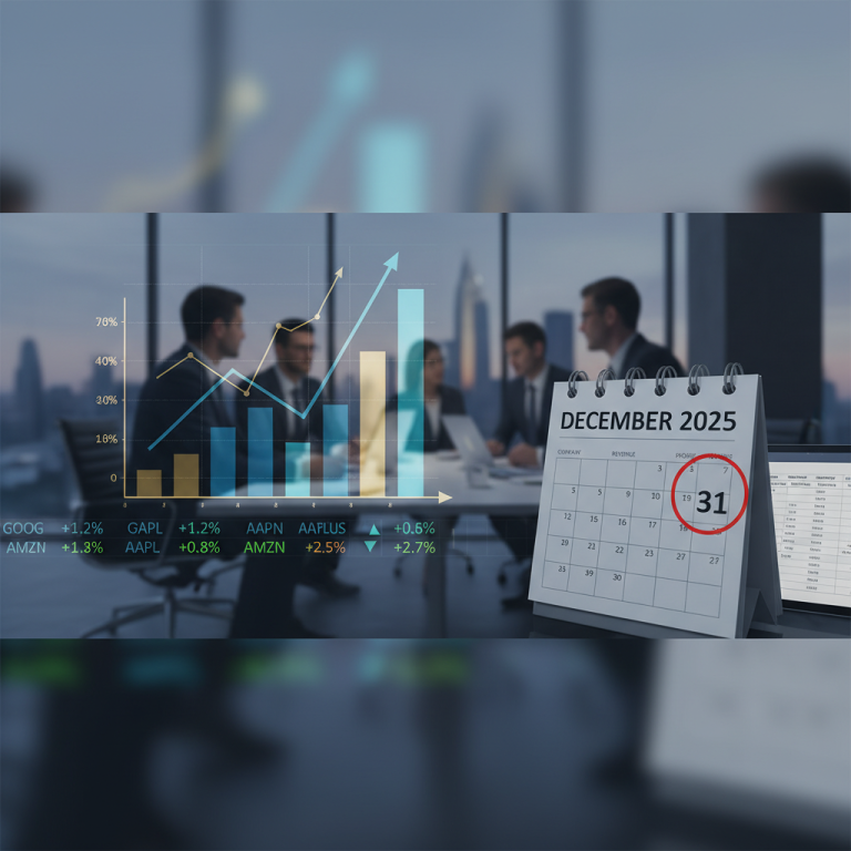 A calendar showing December 31, 2025, with business charts and people in a meeting.