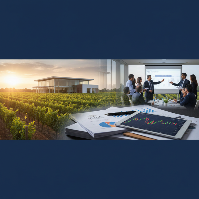 A professional collage showing a vineyard, business meeting, and financial charts, representing Sula Vineyards' investor update.