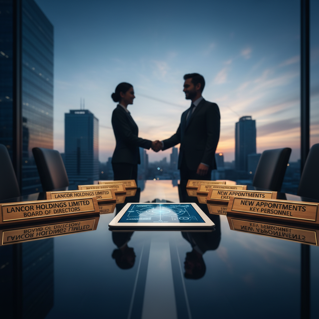 Two business professionals shake hands in a modern boardroom with a city skyline at sunset, symbolizing executive changes.