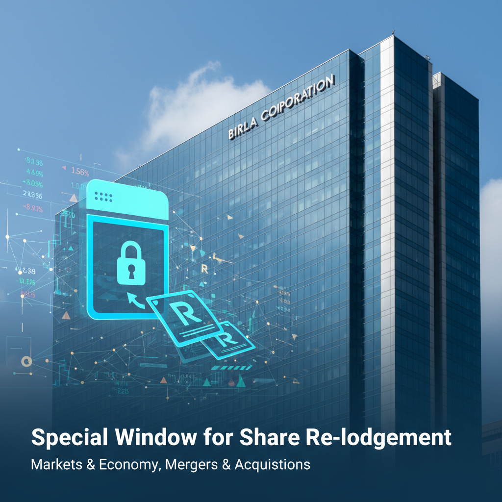 A modern building with "BIRLA CORPORATION" on it, superimposed with digital financial elements and a padlock icon.