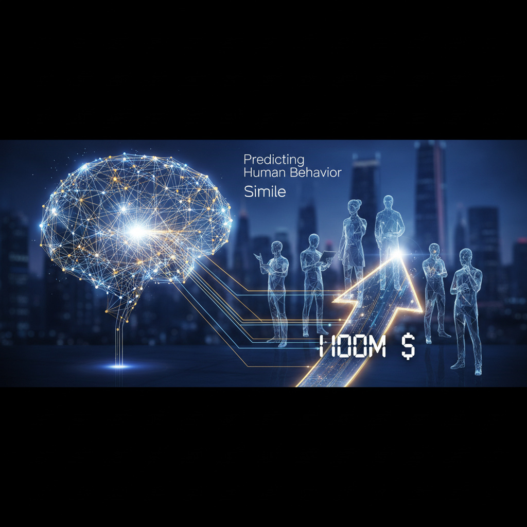 A digital brain connected to business people and an upward arrow with "$100M" signifying growth.