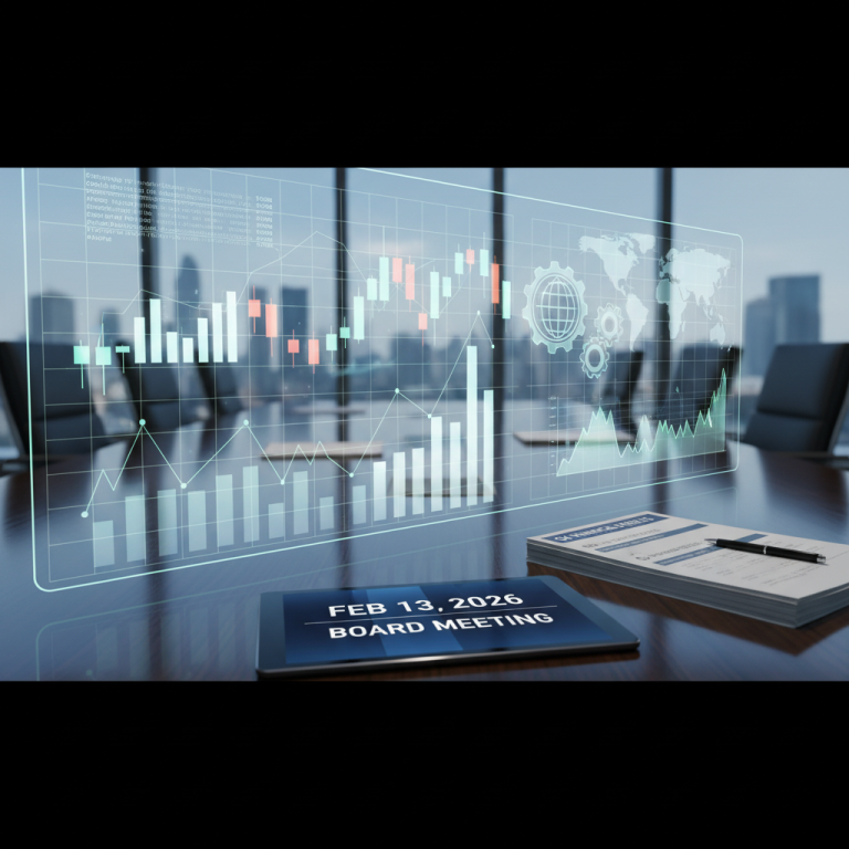 A boardroom setting with holographic financial charts and a tablet displaying "FEB 13, 2026 BOARD MEETING."