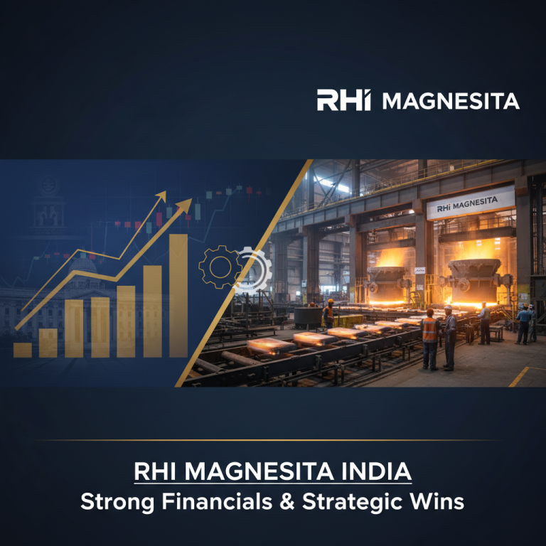 A split image showing financial graphs and a steel manufacturing plant, representing RHI Magnesita's strong performance.