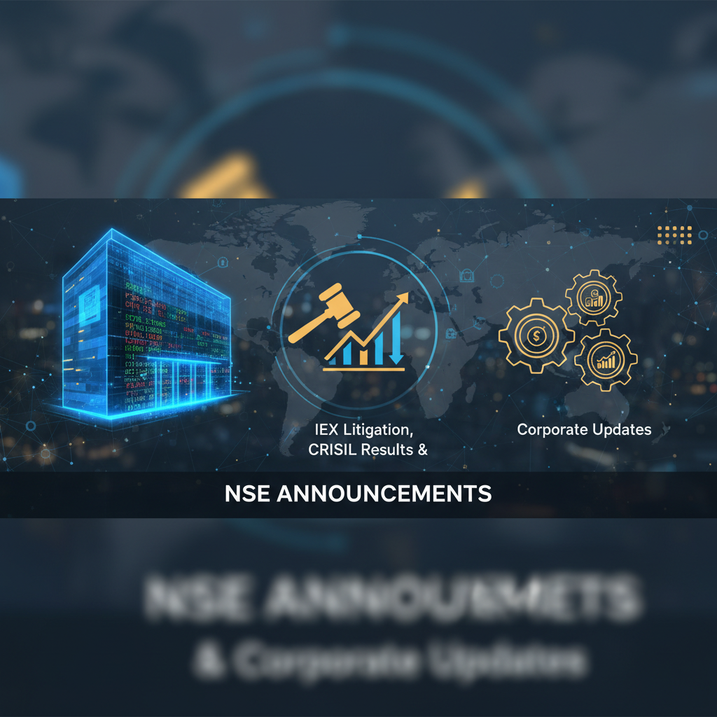 Professional image for an article on NSE announcements, featuring legal, financial, and corporate icons.