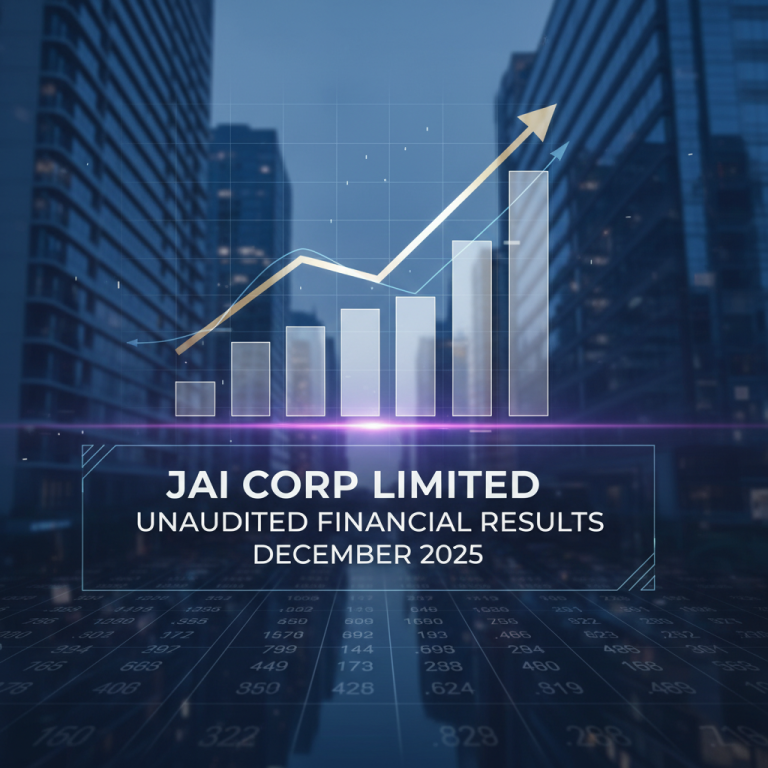 A financial growth chart overlaid on a blurred city skyline with "JAI CORP LIMITED UNAUDITED FINANCIAL RESULTS DECEMBER 2025" text.