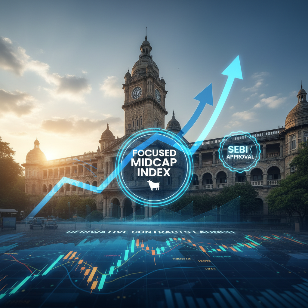 A professional image depicting the BSE building in Mumbai with an upward trending arrow and financial graphs, highlighting "Focused Midcap Index" and "SEBI Approval."