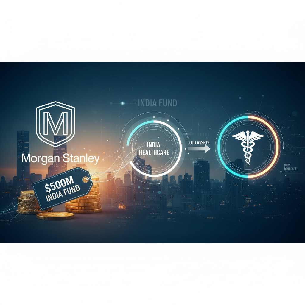 A professional visual representing Morgan Stanley's India fund and healthcare asset reallocation, with financial graphics.