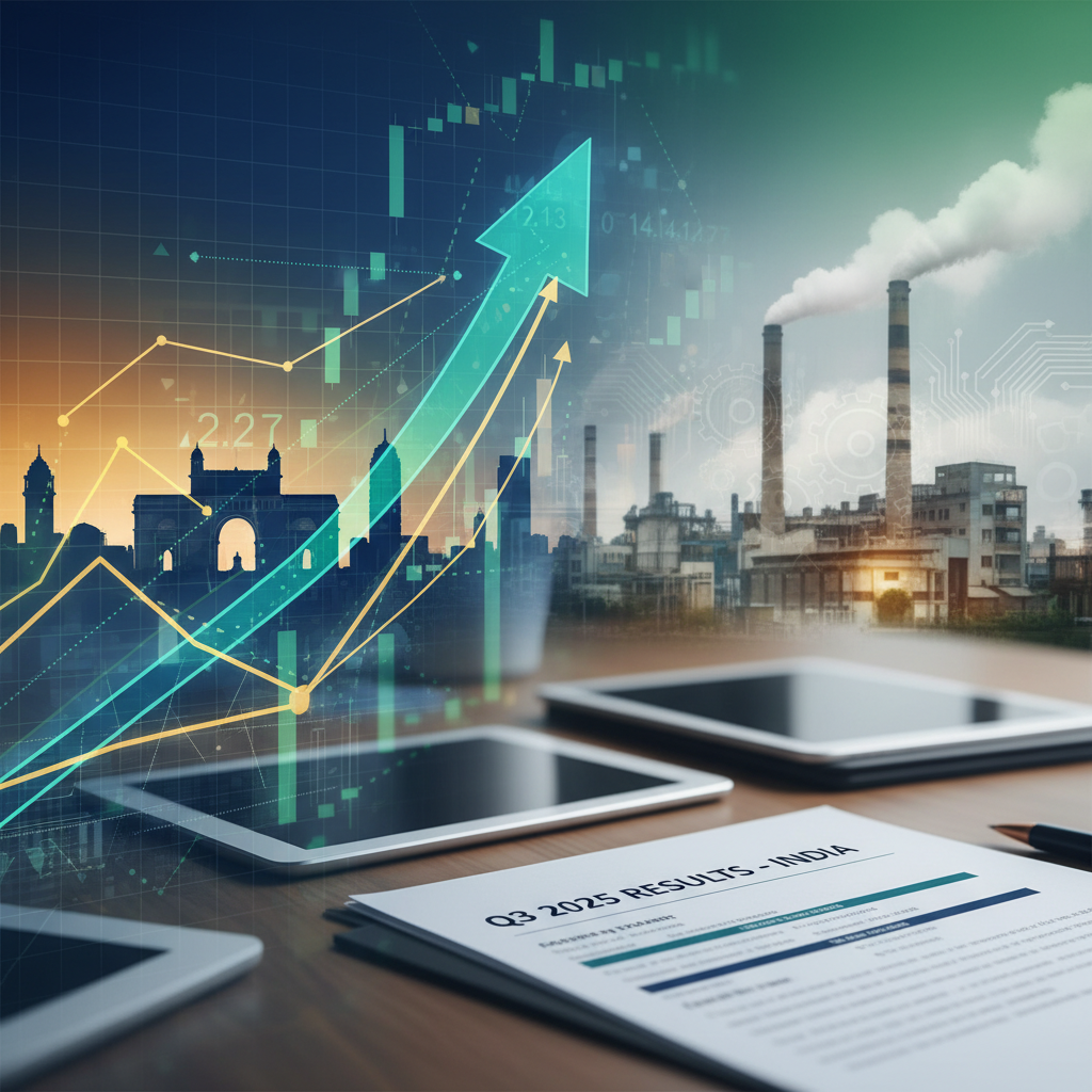 A dynamic image symbolizing Indian economic growth with a rising arrow, stock charts, manufacturing plants, and financial documents.