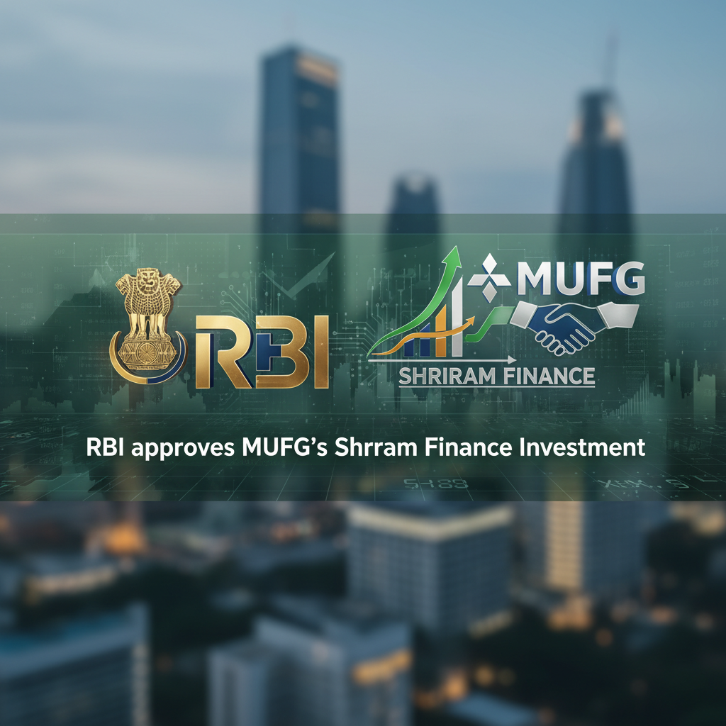 A professional image showing logos for RBI, MUFG, and Shriram Finance, symbolizing financial collaboration and market growth.