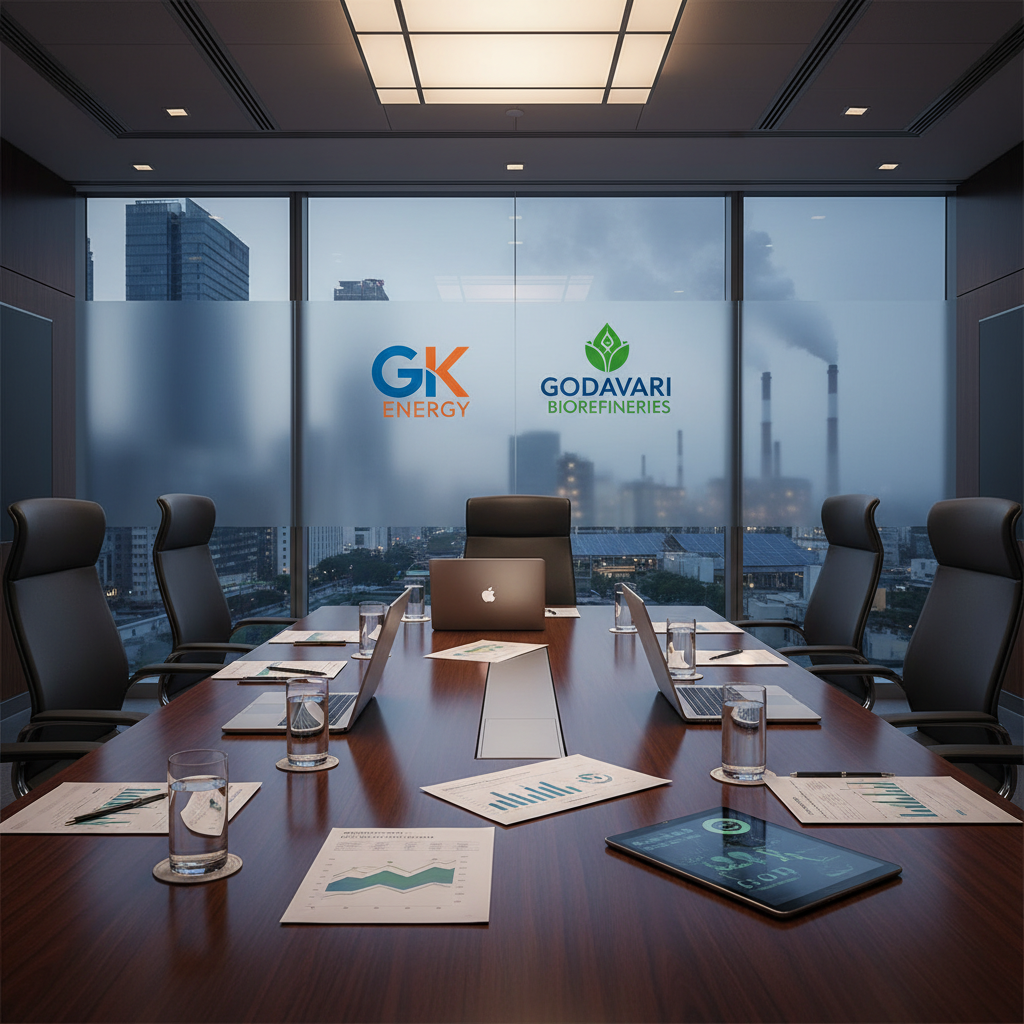 A modern boardroom with laptops, documents, and company logos on the window overlooking an industrial cityscape.