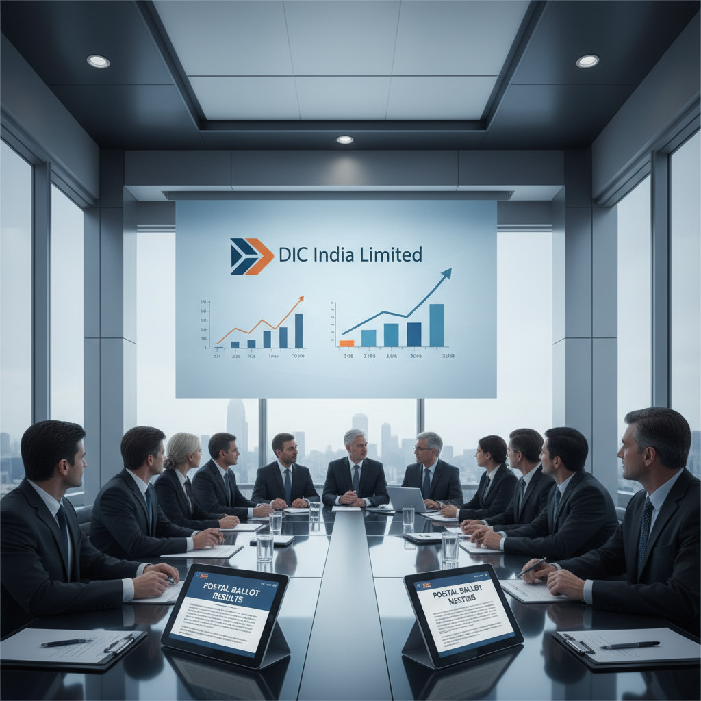 A professional image of a business meeting with a presentation screen displaying "DIC India Limited" and growth charts.